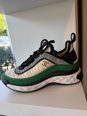 CHANEL White, Black & Green Chunky Trainer